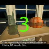 Hogwash is bound to the Jack-O-Lantern. Free him by either having an electrical item or Ethereal Gift pass by him.